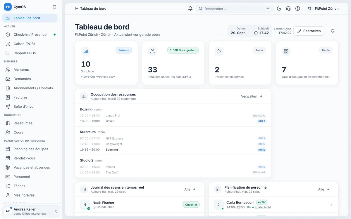 GymOS-Dashboard auf Französisch: Tableau de bord