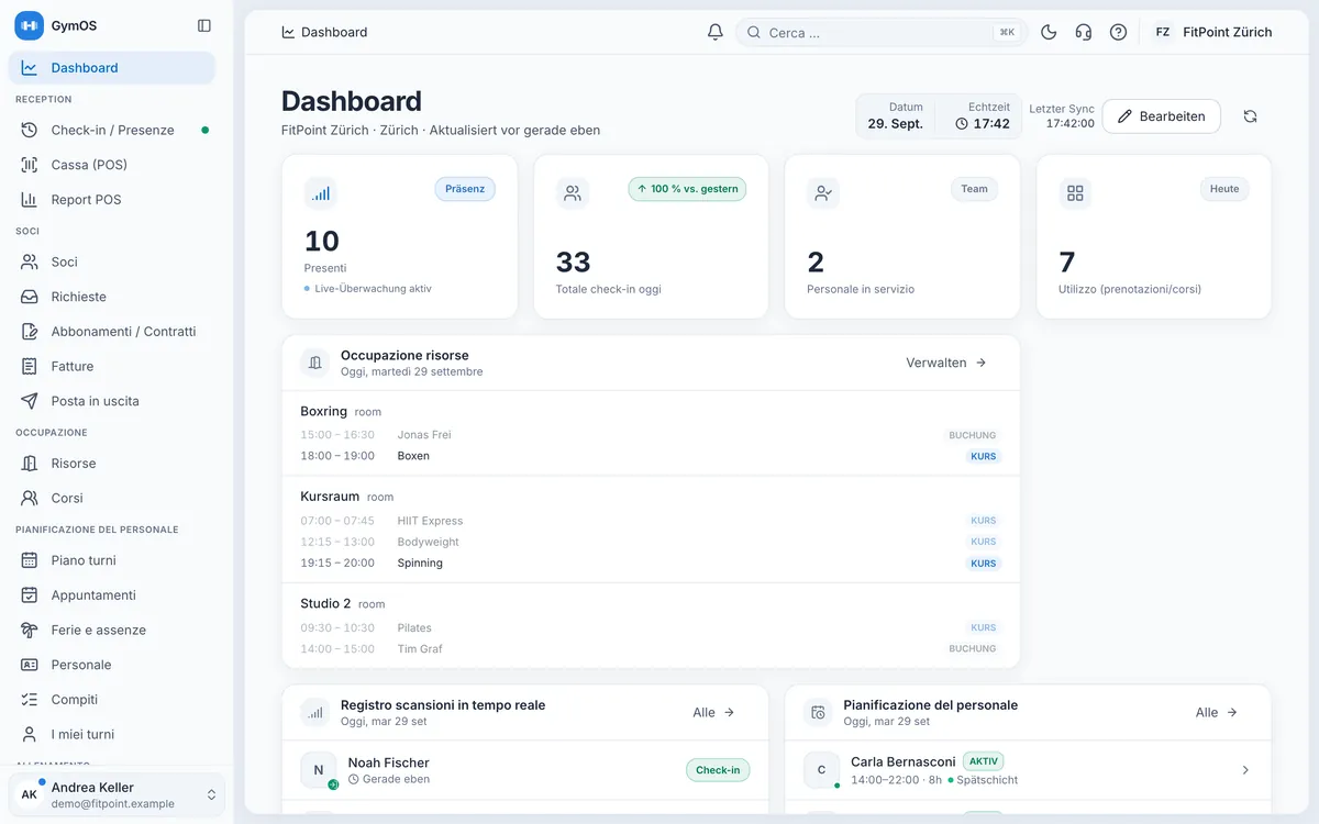 GymOS-Dashboard auf Italienisch