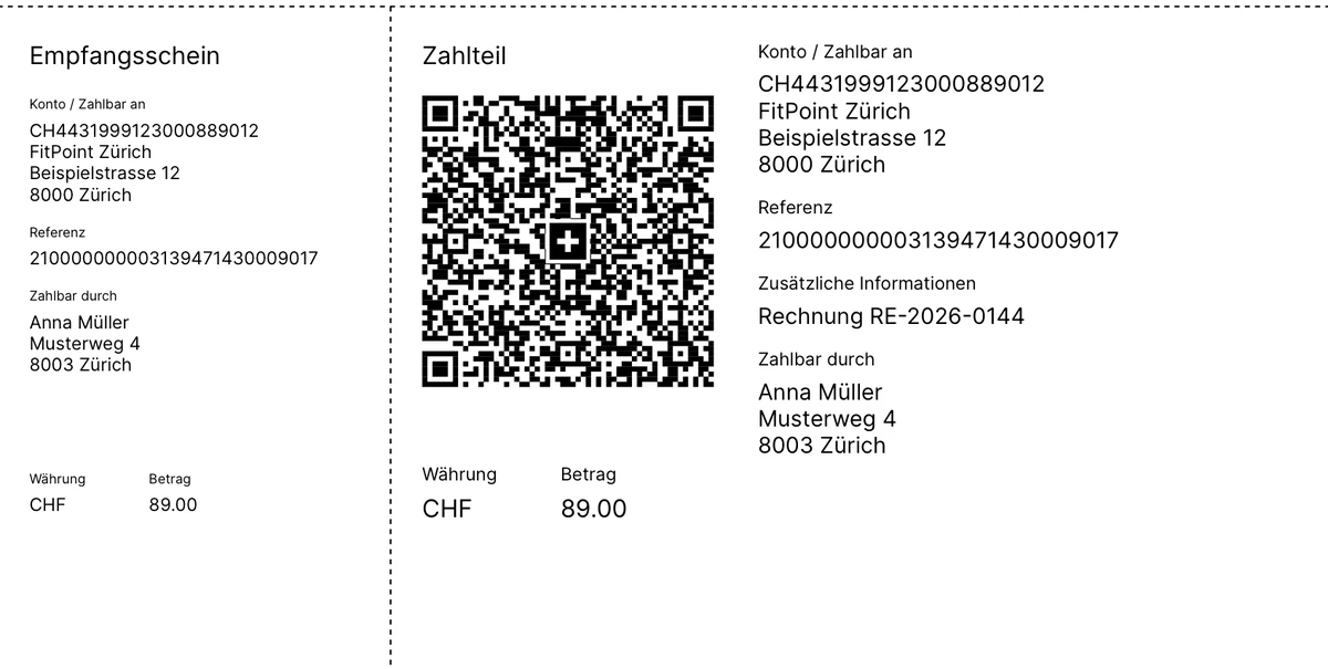 QR-Zahlteil derselben Rechnung mit Empfangsschein, Swiss-QR-Code, Konto, Referenz und Betrag CHF 89.00