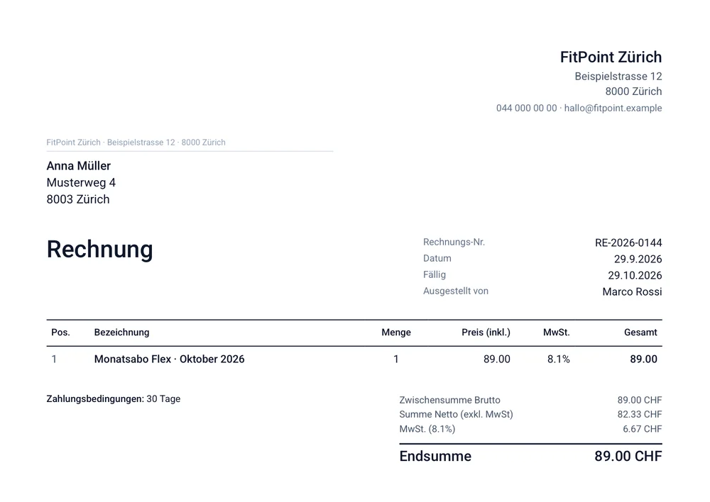 Rechnung RE-2026-0144 aus GymOS: Monatsabo Flex, 89.00 CHF inklusive MwSt.