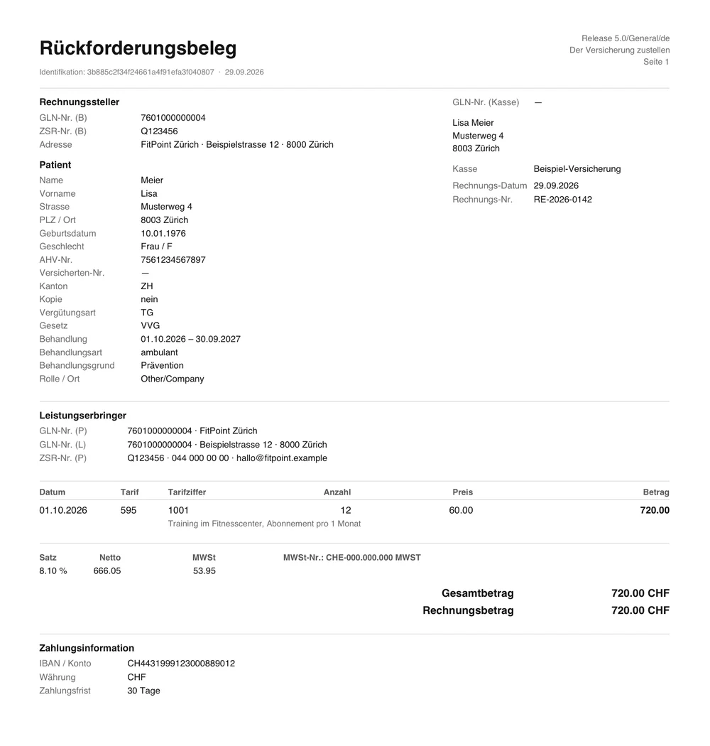 Tarif-595-Rückforderungsbeleg aus GymOS: Tarifziffer 1001, 12 Monate zu 60.00, Total 720.00 CHF